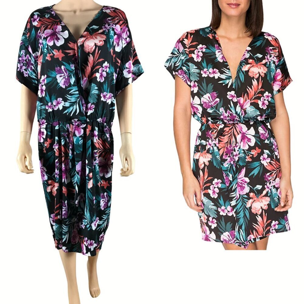 BOBEAU Plus Size Twist Front Black Floral-Print Dress 2X